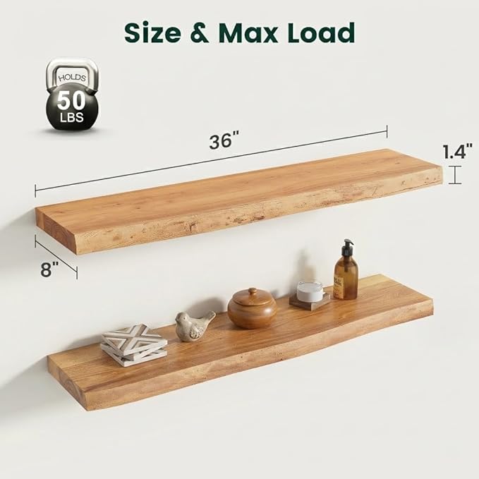 36 Inch Live Edge Floating Shelves, 8 Inch Deep Solid Elm Wood Wall Shelf, Heavy-Duty Wall Mounted Shelf with Invisible Brackets for Living Room, Bathroom, Kitchen, Set of 2, Natural Color