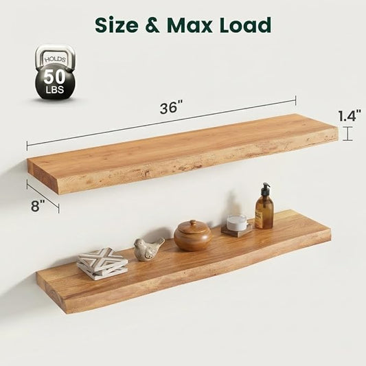 36 Inch Live Edge Floating Shelves, 8 Inch Deep Solid Elm Wood Wall Shelf, Heavy-Duty Wall Mounted Shelf with Invisible Brackets for Living Room, Bathroom, Kitchen, Set of 2, Natural Color