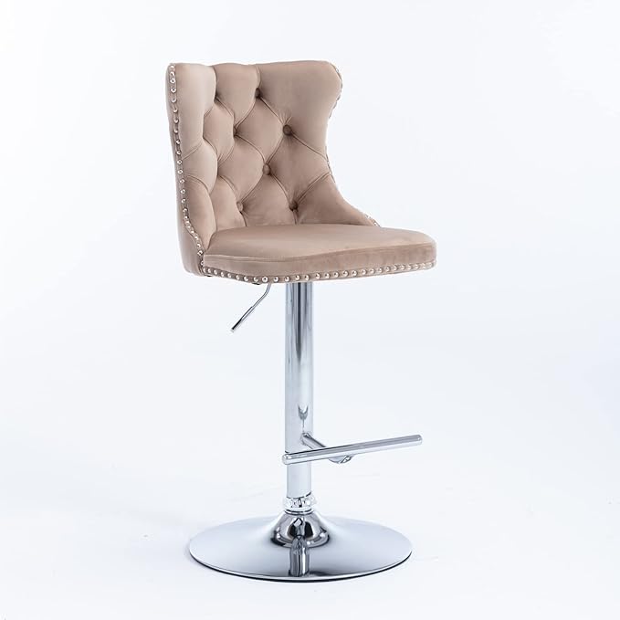 Rhomtree Velvet Swivel Bar Stools Upholstered Bar Stool with Button Tufted Back and Pull Ring Height Adjustable Barstools 25-33 Inch for Home Pub and Kitchen Island (Khaki with Silver Base, Set of 8)