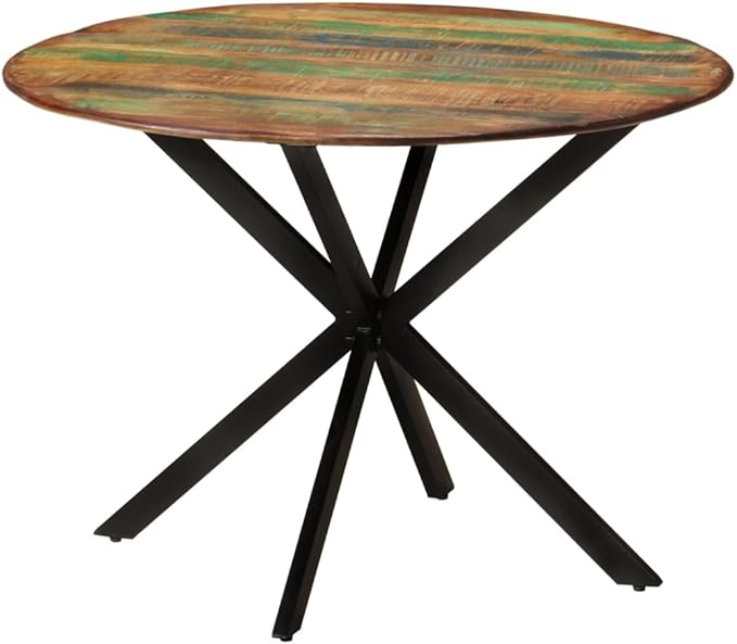 Round Dining Table Multicolor Solid Reclaimed Wood Powder Coated Steel Small Kitchen Table for Dining Room Compact 43.3 Inch Diameter