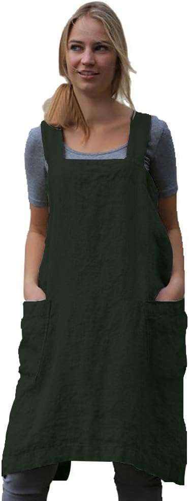 Larmliss Women's Pinafore Square Apron Baking Cooking Gardening Works Cross Back Cotton/Linen Blend Dress with 2 Pockets