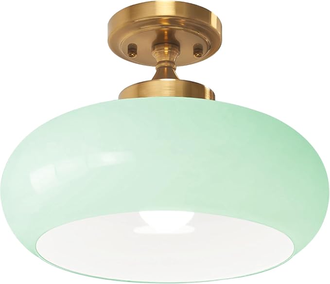 Vintage Mint Green Glass Flush Mount Ceiling Light, Gold Mid Century Modern Ceiling Lamp, Closet Ceiling Fixture for Kitchen, Hallway, Living Room, Bedroom, Laundry Room