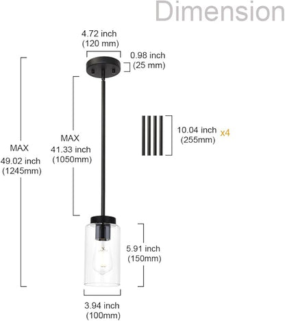 VINLUZ One Light Chandeliers Modern Clear Glass Pendant Lighting Black Dining Room Lighting Fixtures Hanging Contemporary Lamp Semi Flush Mount Ceiling Lights