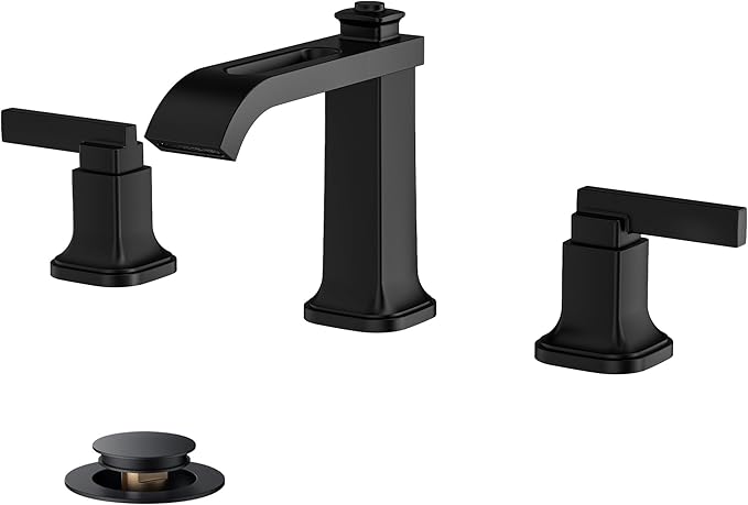 FORIOUS 3 Hole Bathroom Vanity Sink Faucet,Matte Black Waterfall Widespread Bathroom Faucets 2-Handle with Metal Pop-Up Drain, Modern Design