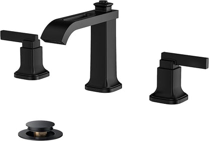 FORIOUS 3 Hole Bathroom Vanity Sink Faucet,Matte Black Waterfall Widespread Bathroom Faucets 2-Handle with Metal Pop-Up Drain, Modern Design
