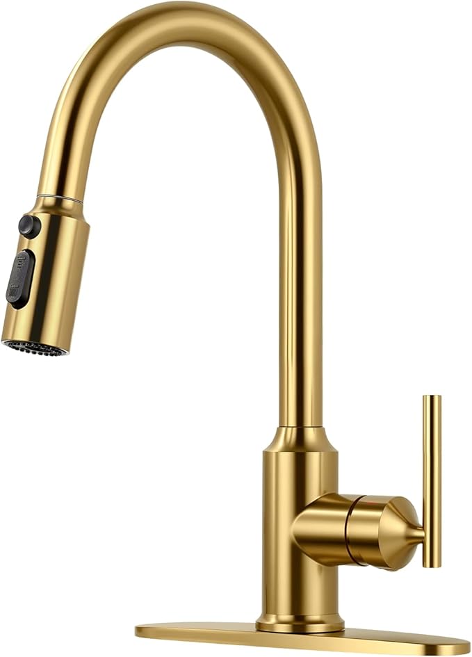 Gold Kitchen Faucet with Pull Down Sprayer: WOWOW High Arc Single Handle Classic Stainless Steel Sink Faucet 1 or 3 Hole,Kitchen Sink Faucet Suitable for Farmhouse Camper Laundry Rv Bar