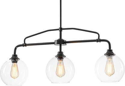 Modern Linear 3-Light Black Chandelier with Framed Arms, Industrial Kitchen Island Pendant Light Fixture with Clear Glass Globes, Ceiling Bar Lighting for Dining Table, Pool Table