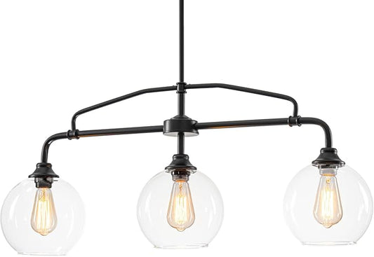 Modern Linear 3-Light Black Chandelier with Framed Arms, Industrial Kitchen Island Pendant Light Fixture with Clear Glass Globes, Ceiling Bar Lighting for Dining Table, Pool Table
