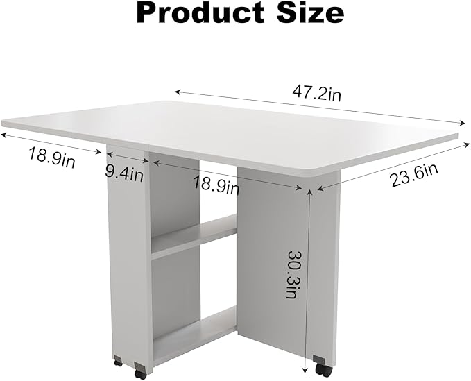 Folding Drop Leaf Dining Table with Wheels – Space-Saving Kitchen Table with 2-Layer Storage, Multi-Functional Table for Dining, Office, or Kitchen Island