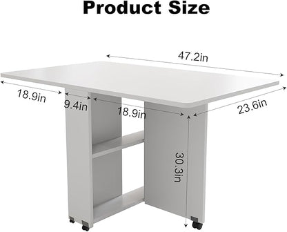 Folding Drop Leaf Dining Table with Wheels – Space-Saving Kitchen Table with 2-Layer Storage, Multi-Functional Table for Dining, Office, or Kitchen Island