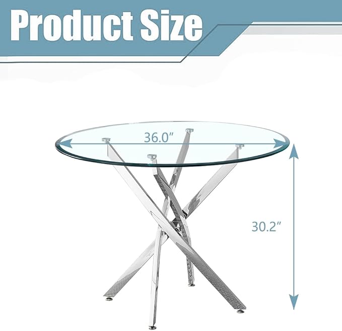 Glass Dining Table,36'' Round Dining Kitchen Table,Modern X-Design Dining Room Table with Silver Stainless Steel Base for Dining Room