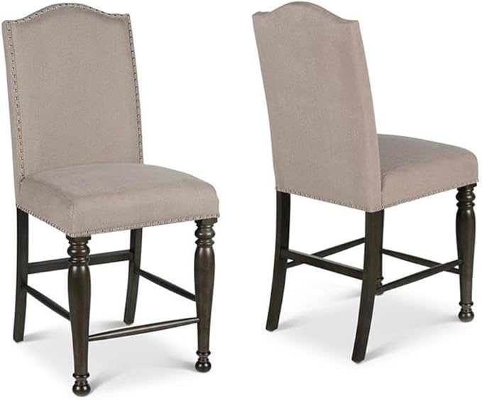 BOWERY HILL Counter Height Chair Set of 2, Harbor Gray Finish, Light Stone Fabric, 20" W x 24" D x 45" H, Shield Back with Nailhead Trim, Turned Legs, Stretchers, Kitchen Island or Bar Seating