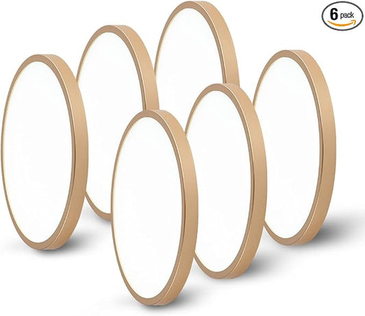 Gold LED Flush Mount Ceiling Light Fixture, 12inch 28W 5000K LED Ceiling Light Set of 6, Ultra Slim Flush Mount Ceiling Lamp for Bedroom, Living Room, Dining Room, Kitchen, Hallway