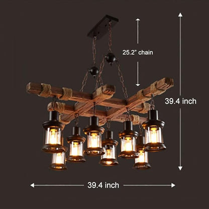 A Million 8 Lights Industrial Retro Wooden Chandelier Pendant Light Island Hanging Ceiling Fixture Vintage Farmhouse Wood Light Adjustable Chain for Home Cafe Bar Restaurant (39.4")