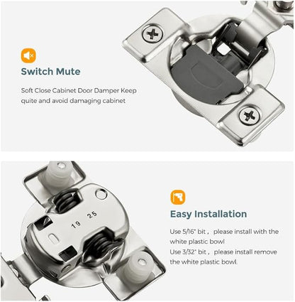 HOME EDIT 10 Pack 5 Pairs 1/2 inch Overlay Soft Close Cabinet Hinges for Kitchen, Stainless Steel Three-Way Adjustable, Concealed Self-Closing Door Hinges
