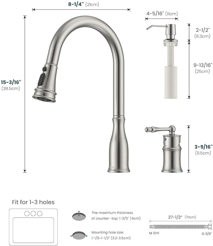 APPASO 3 Hole Kitchen Faucet with Pull Down Sprayer Brushed Nickel, 3 Pieces Kitchen Faucet with Soap Dispenser and Separate Side Handle, Stainless Steel, High Arc Sink Faucets for 2-3 Hole Sink