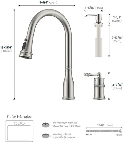 APPASO 3 Hole Kitchen Faucet with Pull Down Sprayer Brushed Nickel, 3 Pieces Kitchen Faucet with Soap Dispenser and Separate Side Handle, Stainless Steel, High Arc Sink Faucets for 2-3 Hole Sink