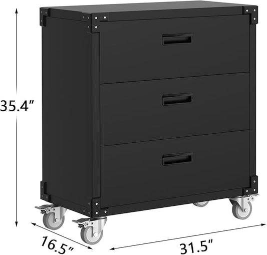 3-Drawer Heavy Duty Rolling Steel Tool Cabinet on Wheels - 35.4" Metal Mobile File Cabinet with Lock for Garage, Workshop, Warehouse, Home and Office - Easy Assembly Utility Black Filing Cabinet