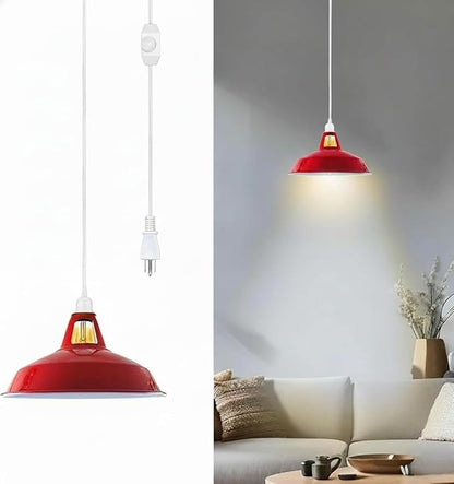 Plug in Pendant Light, 13.1FT Hanging Light with Plug in Cord and On/Off Switch, Industrial Red Barn Metal Shade Pendant Light for Kitchen Island, Dining Room, Bar, Cafe, Living Room, Red