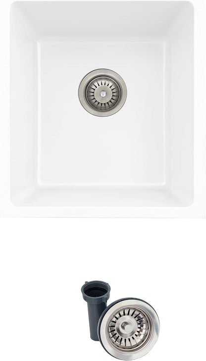 Stylish 15.5 x 17.5 Inch Composite Granite Kitchen or Bar Sink, Single Bowl Under Mount & Drop in, 8.5 in Deep, Rear-Center Drain, with Strainer, White, S-816H