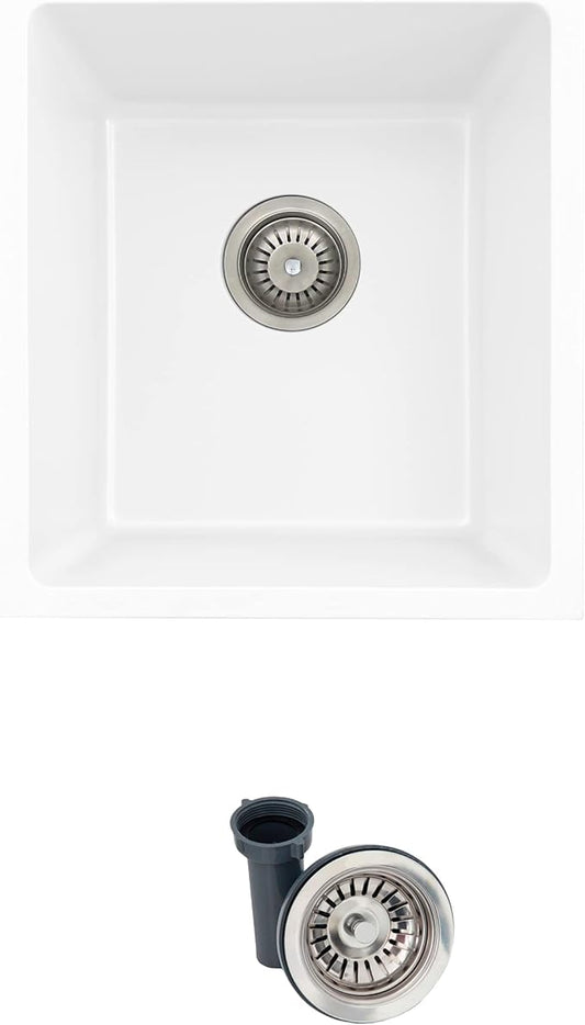 Stylish 15.5 x 17.5 Inch Composite Granite Kitchen or Bar Sink, Single Bowl Under Mount & Drop in, 8.5 in Deep, Rear-Center Drain, with Strainer, White, S-816H