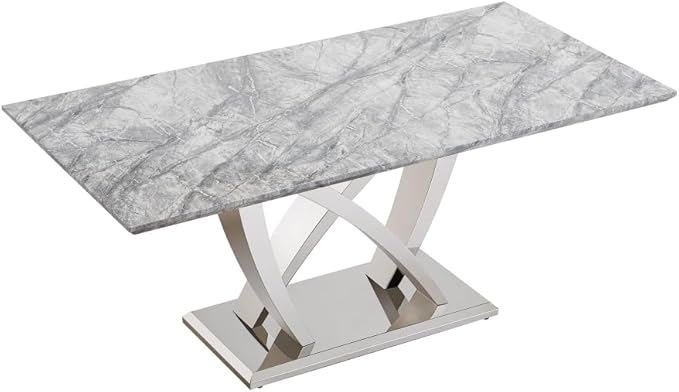 Modern Luxurious Rectangular Dining Table for 6-8, MDF Kitchen Table with Heavy-Duty Irregular Base, Faux Marble Heat-Resistant Furniture for Dining Room & Family Gatherings (Silver)