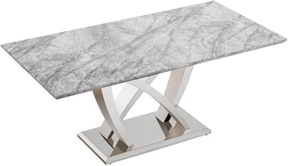 Modern Luxurious Rectangular Dining Table for 6-8, MDF Kitchen Table with Heavy-Duty Irregular Base, Faux Marble Heat-Resistant Furniture for Dining Room & Family Gatherings (Silver)