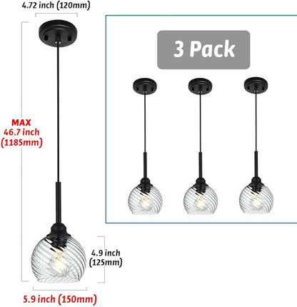 3 Pack Dining Room Light Fixtures Hanging with Clear Striped Swirl Globe Glass, Stylish Kitchen Island Hanging Pendant Light Black for Bar Hallway Bedroom, 1-Light