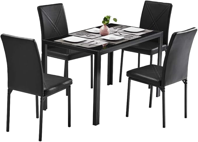 FCH Black Glass Table with Tempered Glass Top, Rectangular Dining Table Set for 4, Place Saving for Apartments & Small Places, for Home & Kitchen & Dining Room, 47", Black