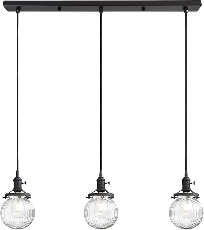 Phansthy Kitchen Island Lighting, 3 Lights Linear Chandeliers, Hanging Light with 5.9" Globe Striped Glass Shade, 3-Light Pendant Light Fixtures for Dining Room Farmhouse (Black, Long Base)