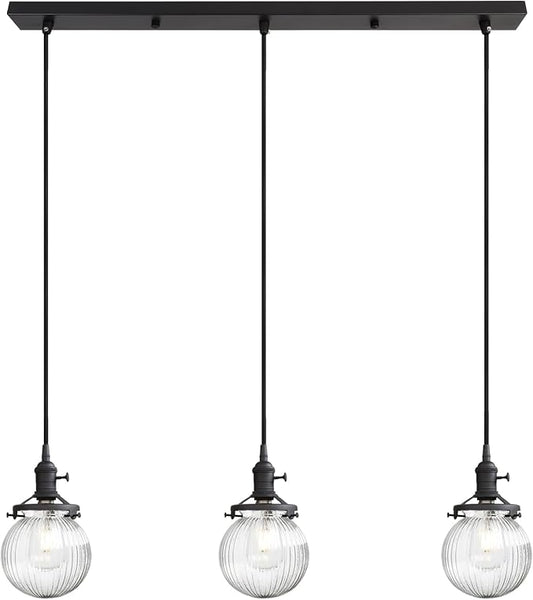 Phansthy Kitchen Island Lighting, 3 Lights Linear Chandeliers, Hanging Light with 5.9" Globe Striped Glass Shade, 3-Light Pendant Light Fixtures for Dining Room Farmhouse (Black, Long Base)