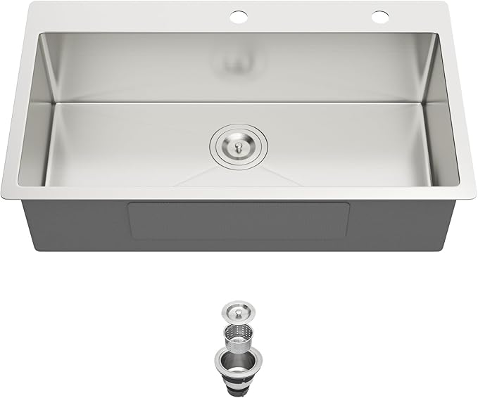 33 Inch Drop in Kitchen Sink 18 Gauge Stainless Steel 33x22 Single Bowl Brushed Handmade Topmount Kitchen Sinks Round Corner
