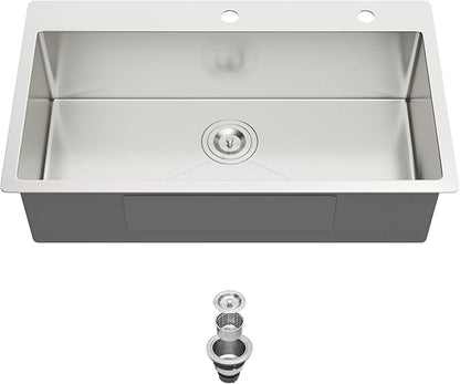 33 Inch Drop in Kitchen Sink 18 Gauge Stainless Steel 33x22 Single Bowl Brushed Handmade Topmount Kitchen Sinks Round Corner