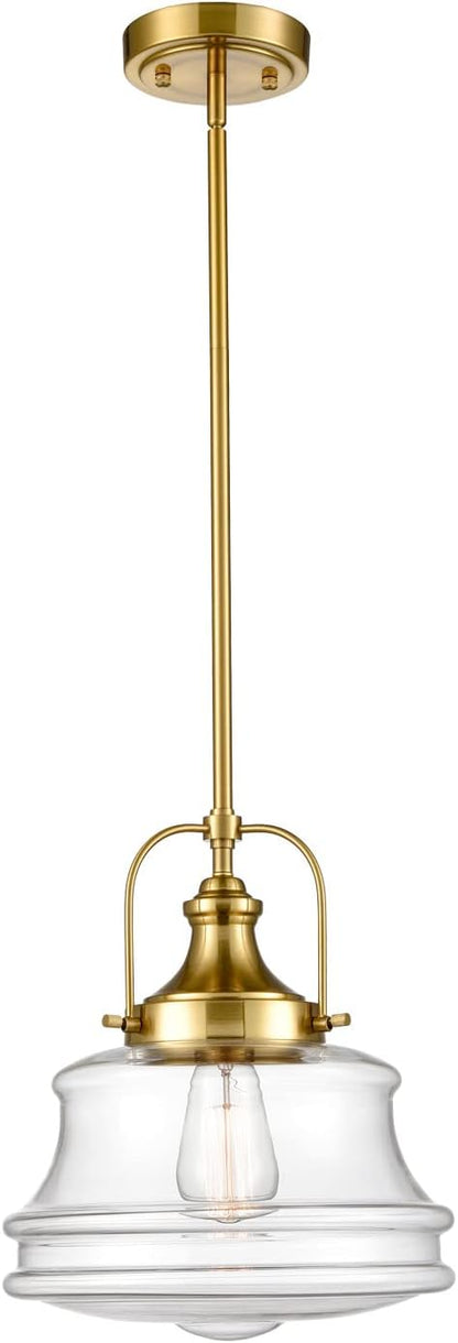 DEYNITE Modern Schoolhouse Pendant Light Fixtures Brass Hanging Kitchen Light with Clear Shade, E26 Light for Dining Room, Bedroom, Bathroom