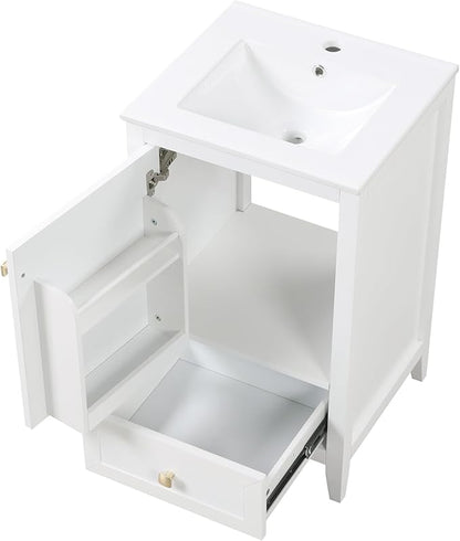 20" Bathroom Vanity with Ceramic Sink Top Set, Multi-Functional Storage Cabinet with Rack Organizer and Drawer, Soft-Closing Door, Solid Wood Frame, White
