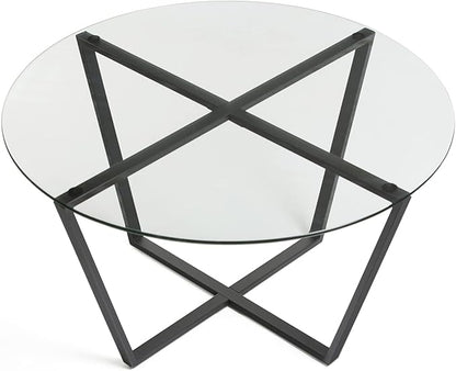 Mango Steam Round Metro Glass Coffee Table for Living Room & Dining Room - Clear Top/Black Base