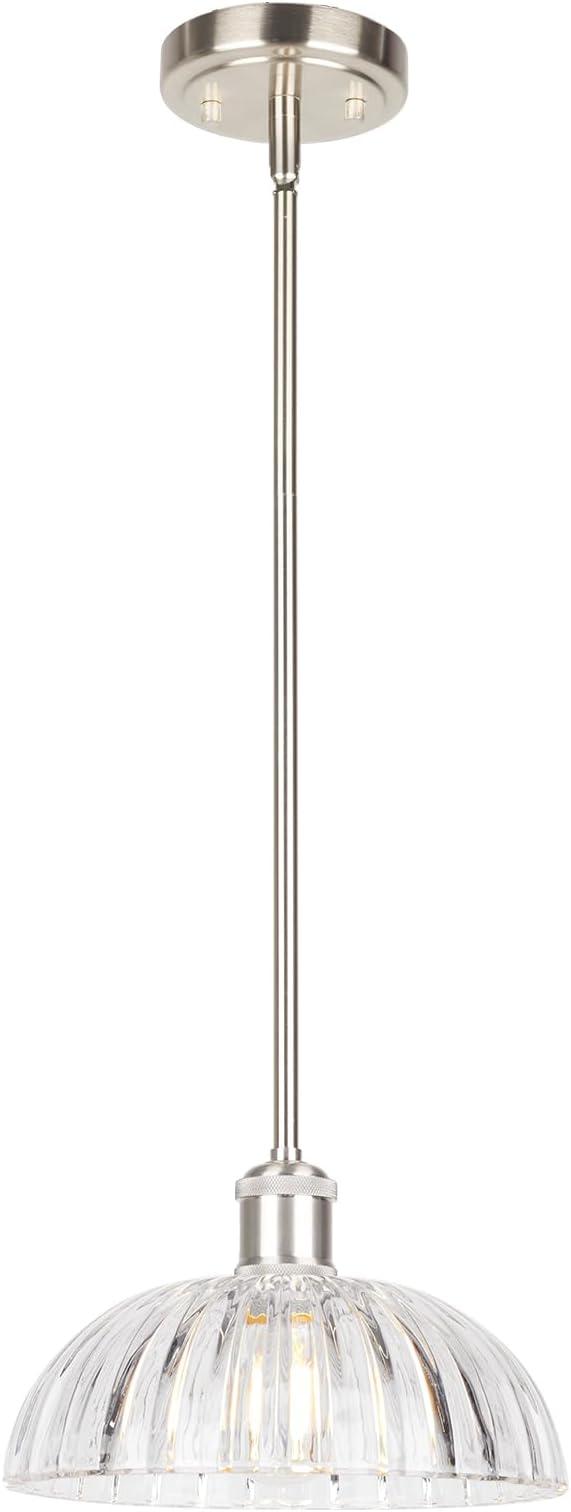 JYO 10" Brushed Nickel Pendant Lighting, Vintage Single Pendant Light Fixtur with Ribbed Glass, Pendant Light for Kitchen Island Bedroom Hotel Living Room