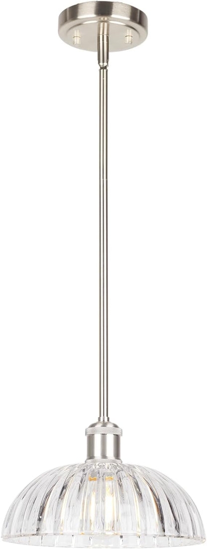 JYO 10" Brushed Nickel Pendant Lighting, Vintage Single Pendant Light Fixtur with Ribbed Glass, Pendant Light for Kitchen Island Bedroom Hotel Living Room