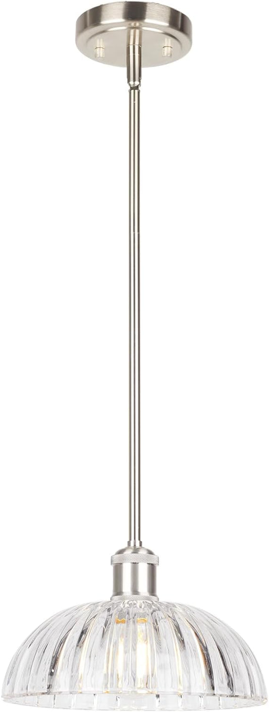 JYO 10" Brushed Nickel Pendant Lighting, Vintage Single Pendant Light Fixtur with Ribbed Glass, Pendant Light for Kitchen Island Bedroom Hotel Living Room