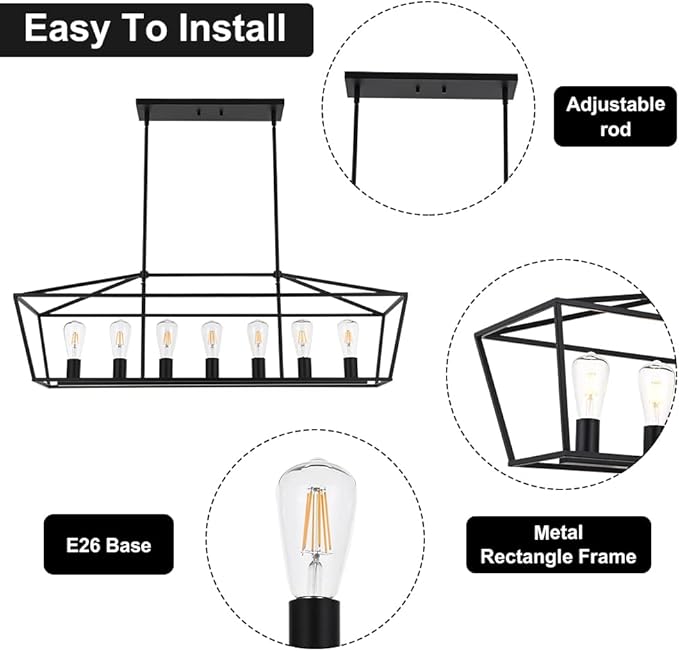 VINLUZ 38.4-Inch 7 Light Contemporary Dining Room Chandelier,Farmhouse Hanging Ceiling Kitchen Island Lighting in Matte Black Finish Rectangle Modern Pendant Light Adjustable Height