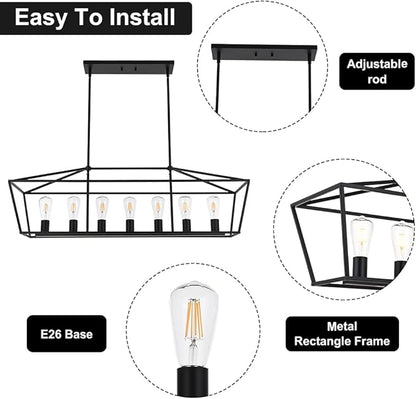 VINLUZ 38.4-Inch 7 Light Contemporary Dining Room Chandelier,Farmhouse Hanging Ceiling Kitchen Island Lighting in Matte Black Finish Rectangle Modern Pendant Light Adjustable Height