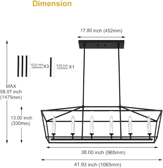 BONLICHT Modern Farmhouse Rectangle Dining Room Light Fixtures Black 6 Light Linear Chandelier Industrial White Kitchen Island Pendant Lighting Classic Ceiling Lights with Adjustable Rods, E12 Base