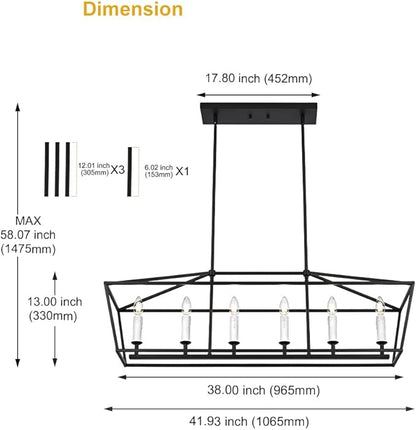 BONLICHT Modern Farmhouse Rectangle Dining Room Light Fixtures Black 6 Light Linear Chandelier Industrial White Kitchen Island Pendant Lighting Classic Ceiling Lights with Adjustable Rods, E12 Base