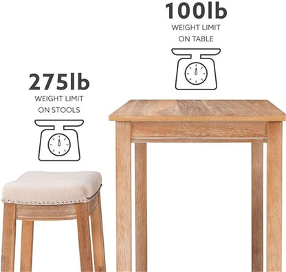 Linon Claridge Three Piece Counter Dining Set Padded Seats in Natural Brown Wood