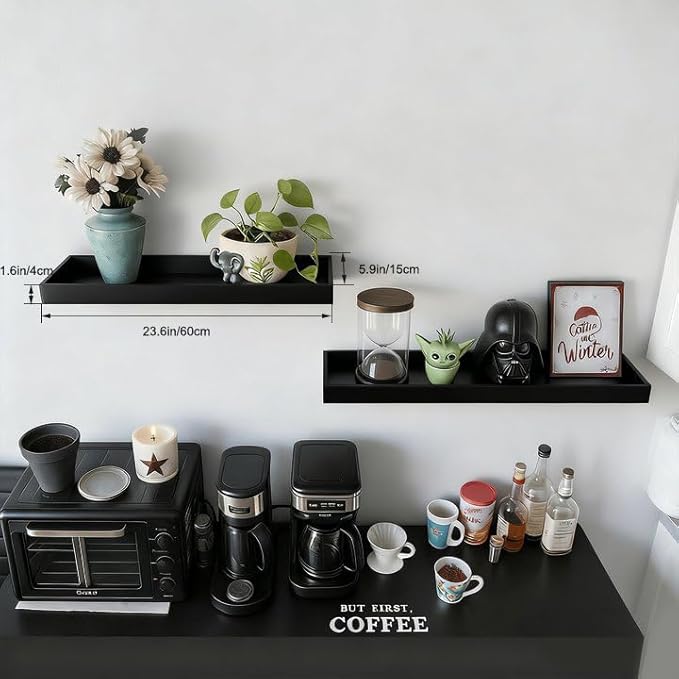 2 Pack 23.6 in Black Floating Shelves for Wall, Wooden Wall Shelves for Bedroom Living Room Kitchen, Modern and Rustic Bathroom Shelves with Raised Lip, Decor Floating Shelf for Storage Display