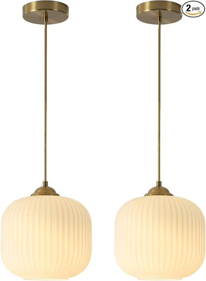 KCO Lighting Mid Century Modern Gold White Pendant Light Milk Glass Globe Pendant Lights Kitchen Island Antique Brass Pendant Light Vintage Hanging Light Fixture for Dining Room Living Room (2-Pack)