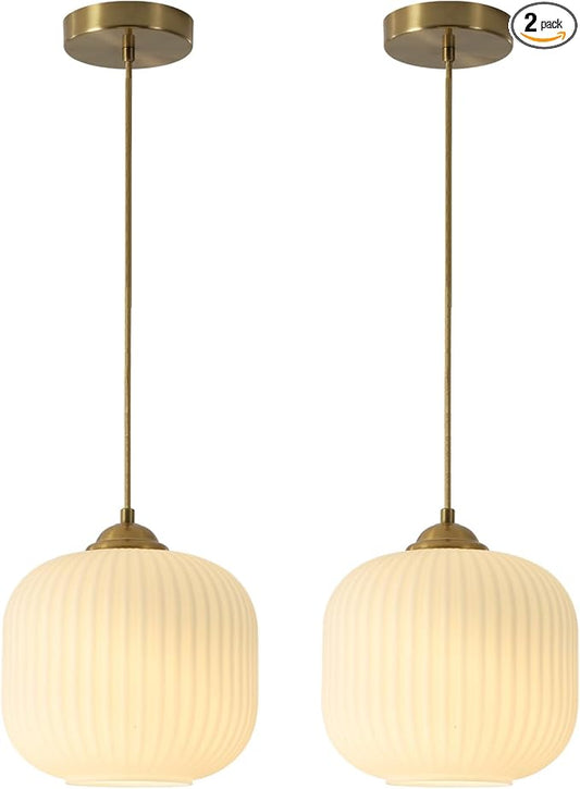 KCO Lighting Mid Century Modern Gold White Pendant Light Milk Glass Globe Pendant Lights Kitchen Island Antique Brass Pendant Light Vintage Hanging Light Fixture for Dining Room Living Room (2-Pack)