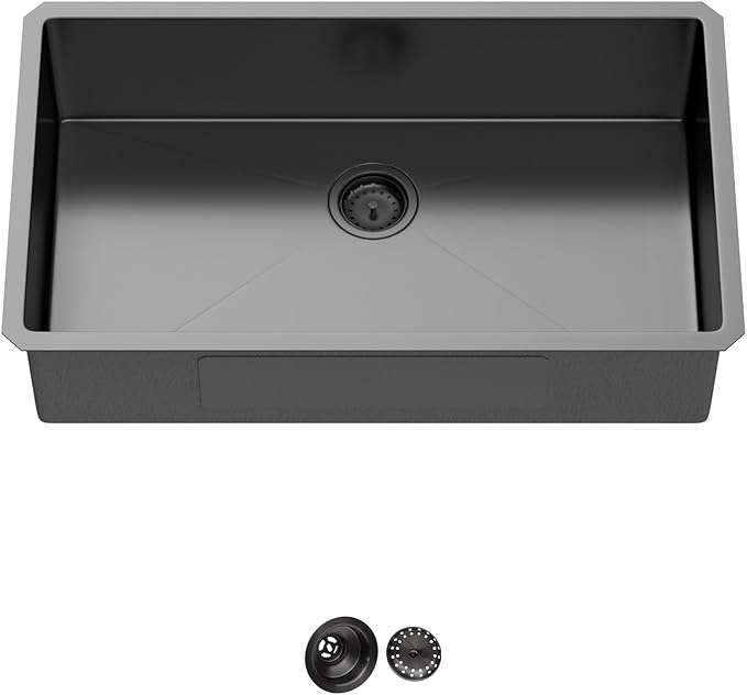 33 Inch Black Undermount Kitchen Sink-33x19 Gunmetal Black Undemrount Sink 18 Gague Stainless Steel Single Bowl Handmade Sinks Large Deep Under Counter Basin 33"x19"x9"