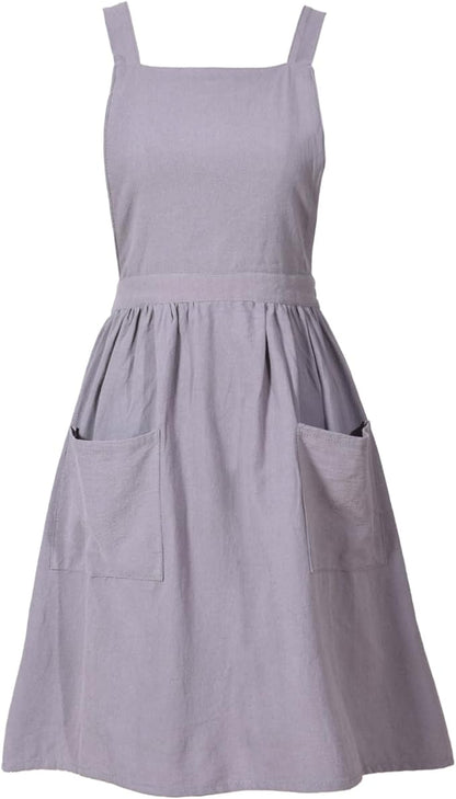 Pinknoke Cotton Linen Pinafore Apron Dress for Women with Pockets Cute Art Chef Aprons for Kitchen Baking Gardening Painting
