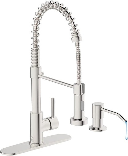Kitchen Faucet Set, Commercial Kitchen Sink Faucets with Pull Down Sprayer and Soap Dispenser, Stainless Steel Faucets for Kitchen Sinks, Single Handle Spring Faucet with Deck Plate